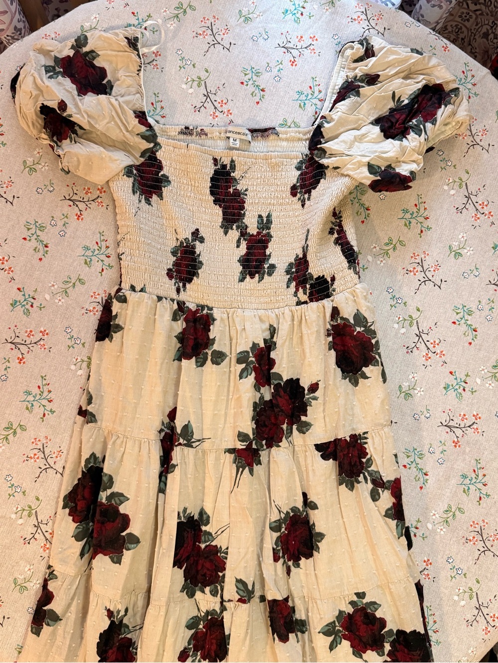 Francesca's Collections Cream Maxi Dress with Red Rose Print